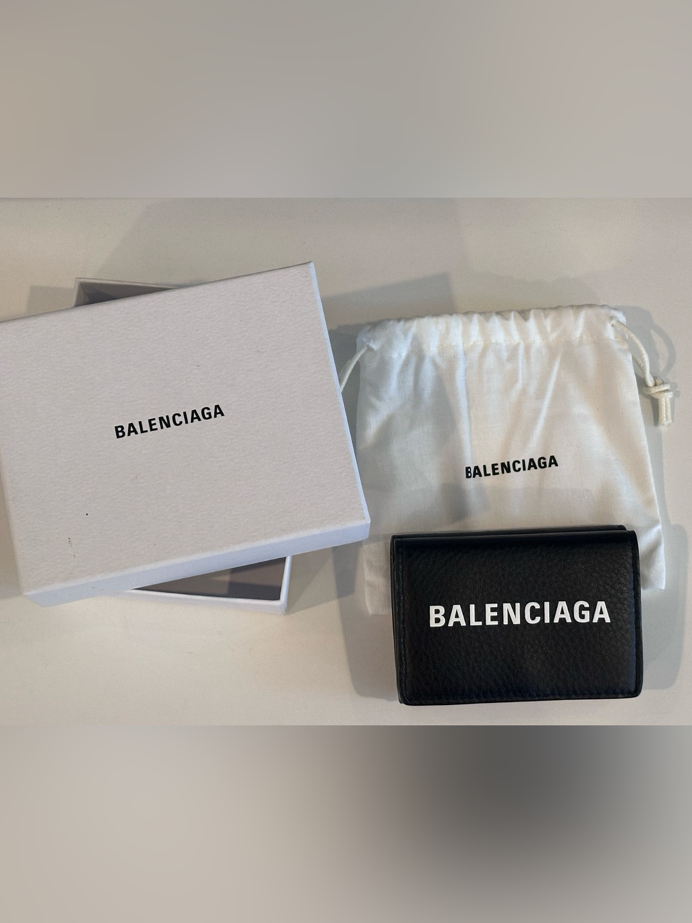 Balenciaga Black Leather Compact Wallet with White Logo